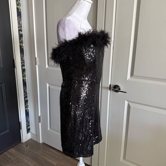 Windsor Black Sequins Strapless Corset Mini Dress with Feather Neckline Size L - Picture 3 of 9